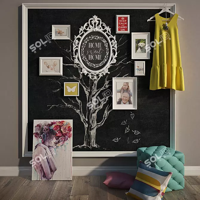 Chic Decor Set: Chalkboard, Photo Frames, Dress, Pouf & Pillows 3D model image 1