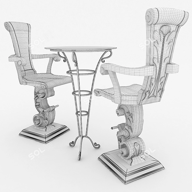 Handcrafted Wooden Chair and Table 3D model image 2
