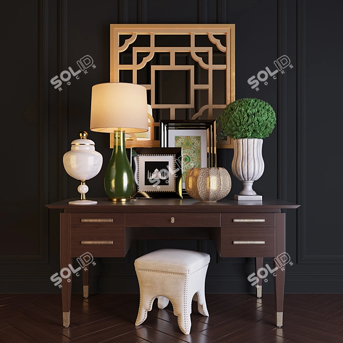 Luxury Interior Set: Table, Mirror, Pouf & Lamp 3D model image 1