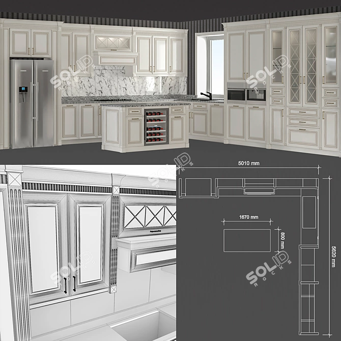 Kitchen Set: Custom-Made Modern Classic  Beautifully Crafted in Alder Wood 3D model image 2