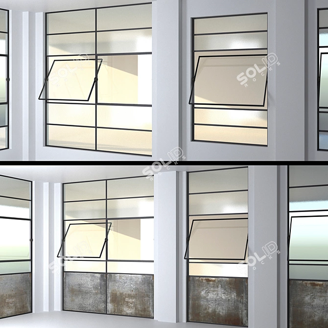 Industrial Steel Factory Windows with Wired Glass 3D model image 1