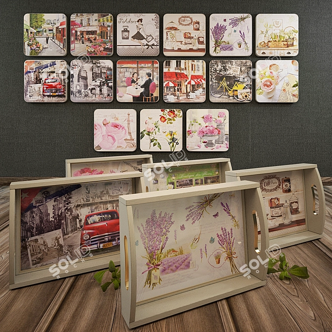 Provence-inspired Set: Wall Prints and Colorful Trays 3D model image 1