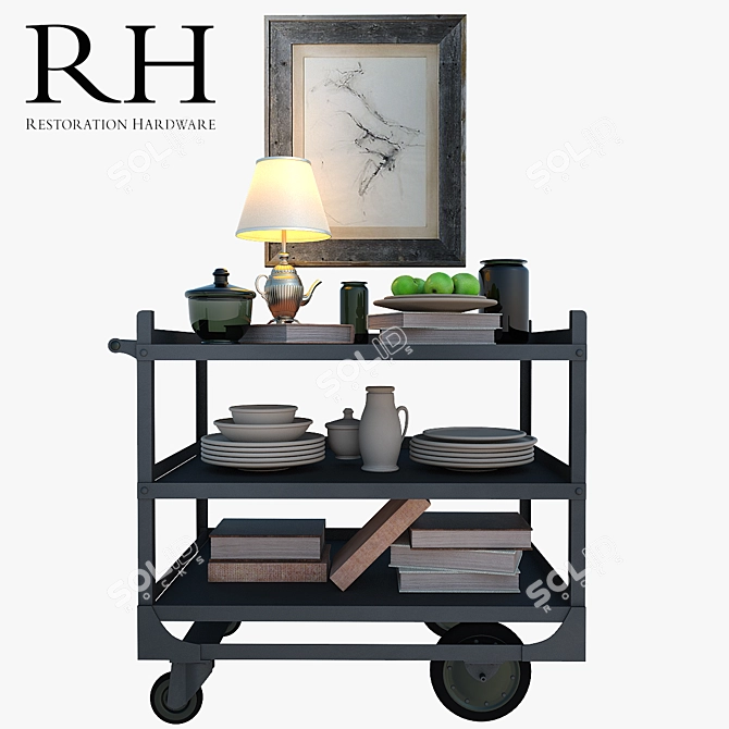 Luxury RH Decor Set: Bar Cart, Floor Lamp, Clay Tableware 3D model image 1