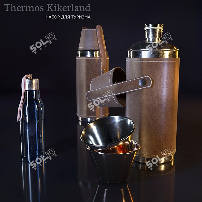 Kikkerland Camping Set: Thermos Flask with Leather Case & Shot Glasses 3D model image 1