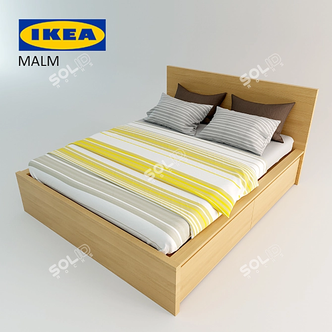 Modern Oak Veneer Bed with Storage Drawers - Malm 3D model image 1