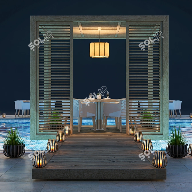 Wooden Gazebo with Swimming Pool 3D model image 1