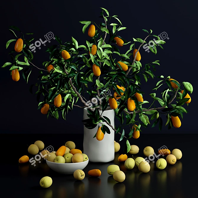 Realistic Kumquat and Plum Ceramic Decor 3D model image 1