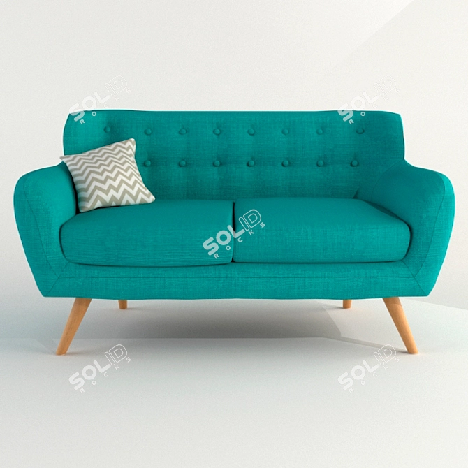 Elegant Blue Sofa with Wooden Legs 3D model image 1