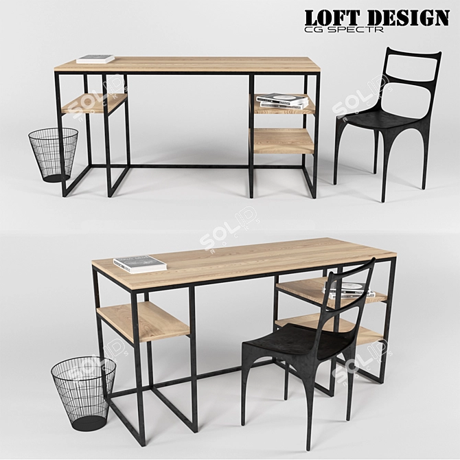 Industrial Desk and Chair Set 3D model image 1
