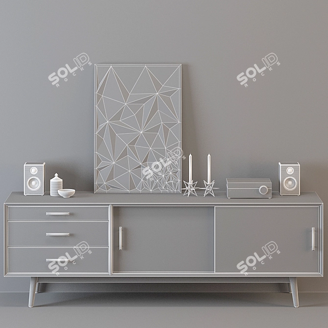 Retro-inspired Wood Media Console 3D model image 2