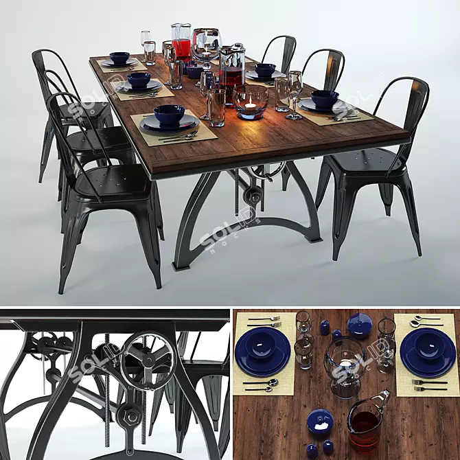 Industrial Iron Dining Set 3D model image 1