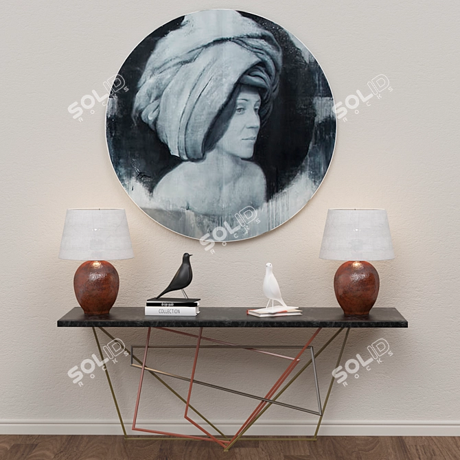 Sophisticated Set Decor | Console Table, Lamp, Sculptures, Art 3D model image 1