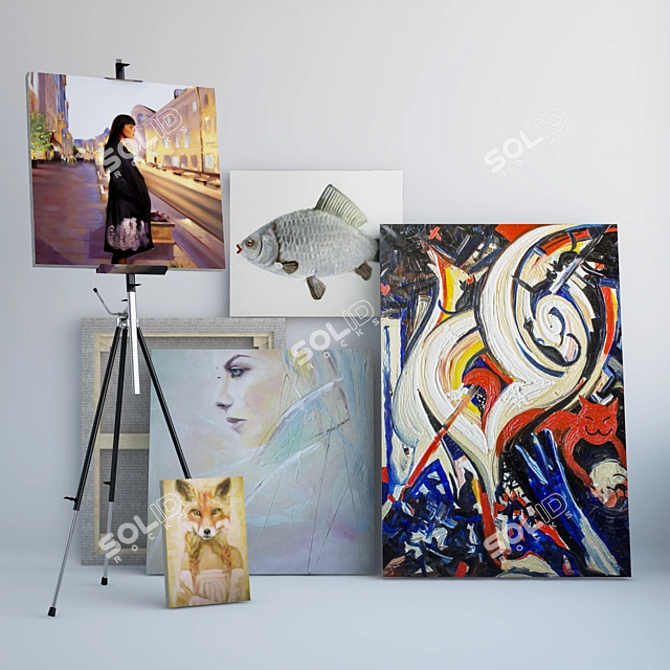 5 Beautiful Oil Paintings + Metal Easel 3D model image 1