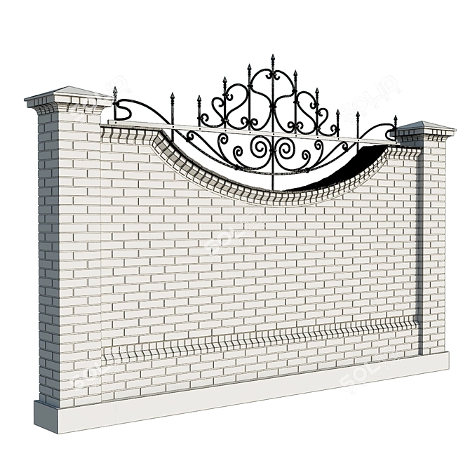 Elegant Brick Fence with Ornate Ironwork 3D model image 2