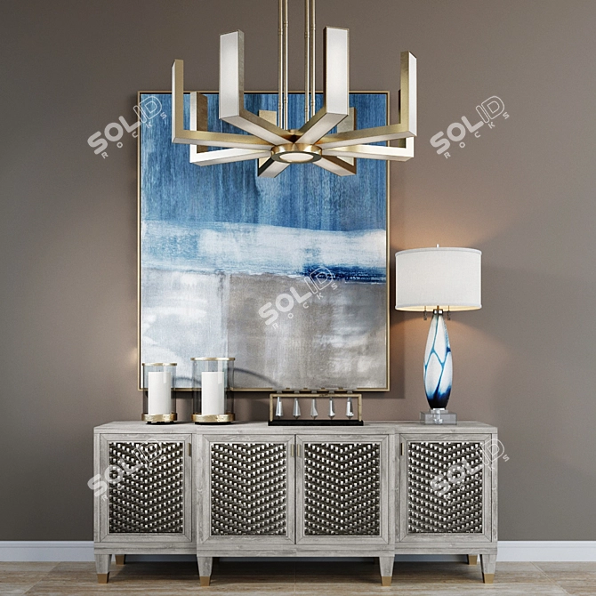 Elegant Weave Credenza & Geometric Lamp 3D model image 1