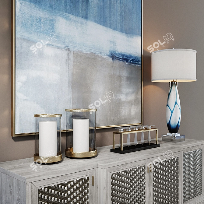 Elegant Weave Credenza & Geometric Lamp 3D model image 2