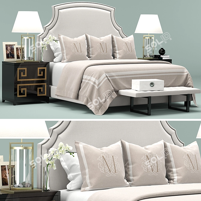Elegant White Upholstered Bed 3D model image 1