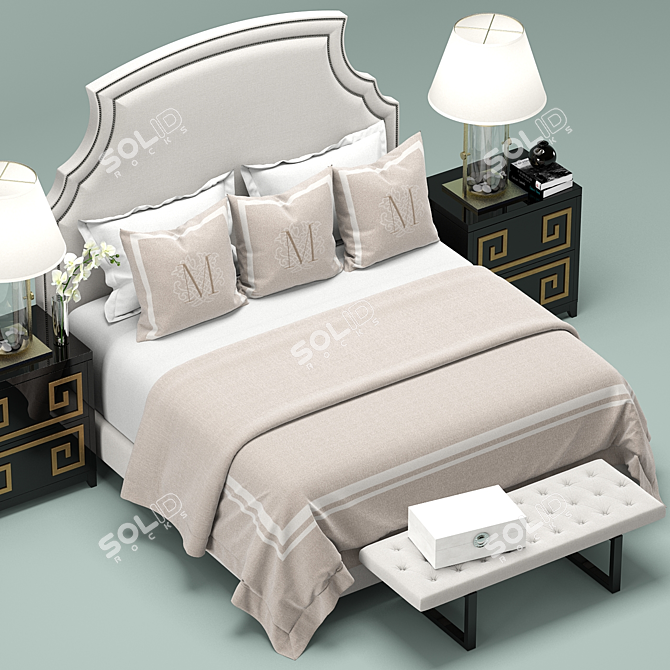 Elegant White Upholstered Bed 3D model image 3