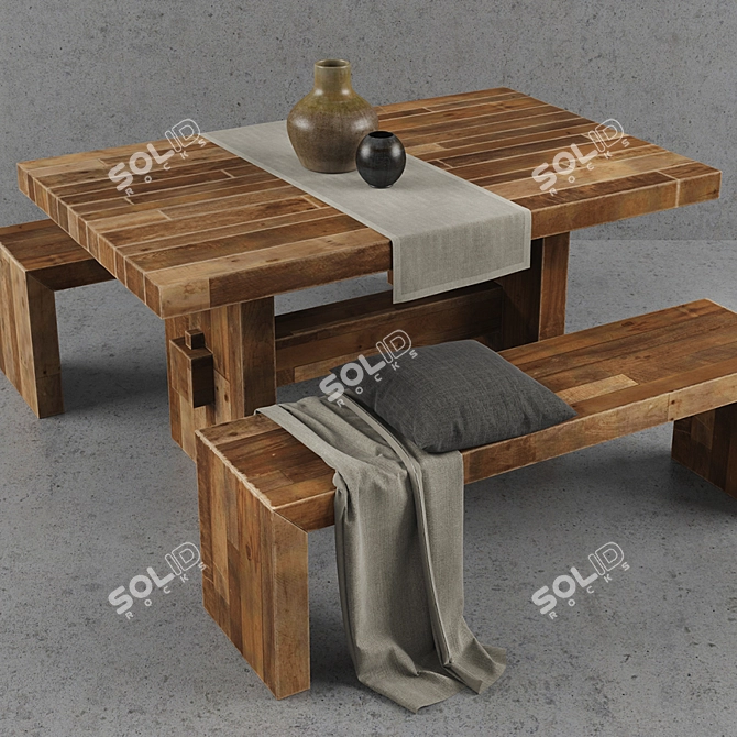 Reclaimed Wood Dining Table Set 3D model image 1