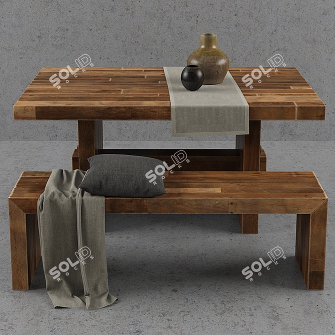 Reclaimed Wood Dining Table Set 3D model image 2