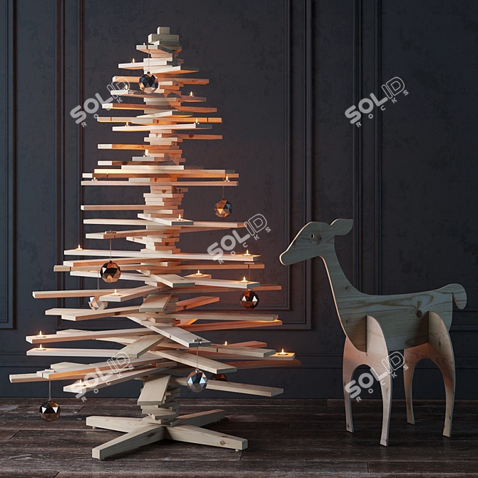 Rustic New Year Set: Wooden Board Tree 3D model image 1