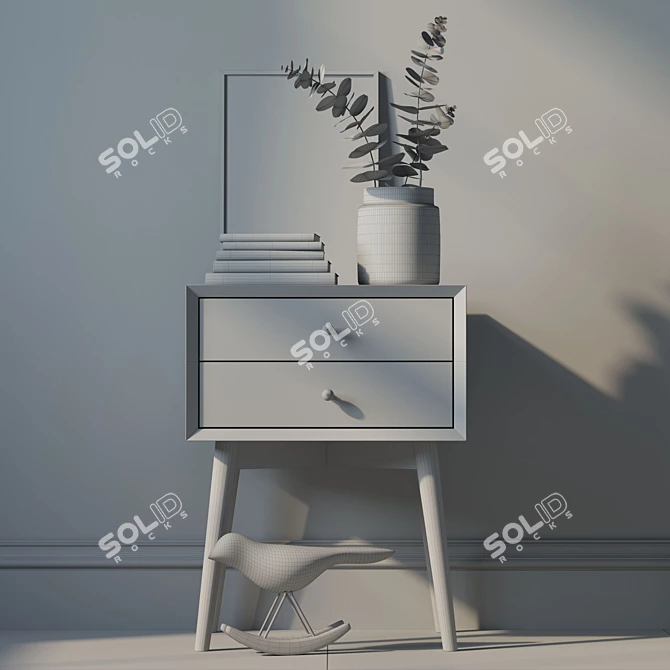 White Mid-Century Nightstand Set: Bedside Table with Decor 3D model image 3