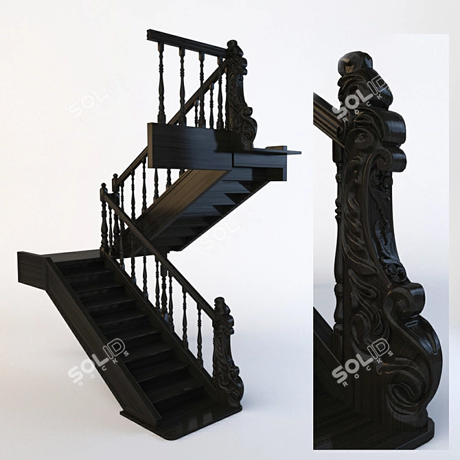 Elegant Carved Wood Staircase 3D model image 1