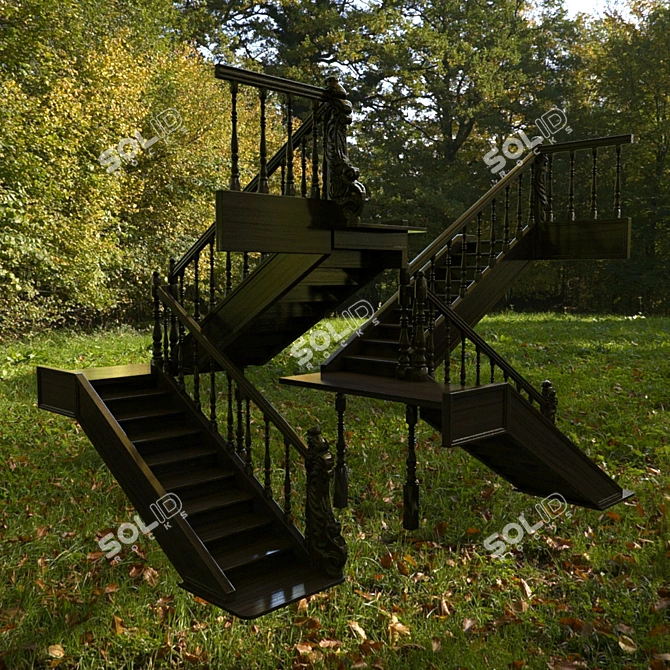 Elegant Carved Wood Staircase 3D model image 3