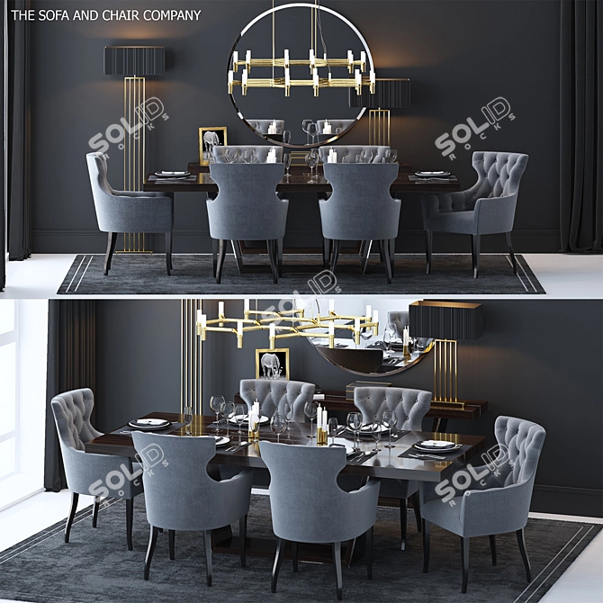 Elegant Living Room Set: Guinea Carver Chair, Perle Table, Noir Floor Lamp, Equinox Chandelier, Olivia Mirror 3D model image 1