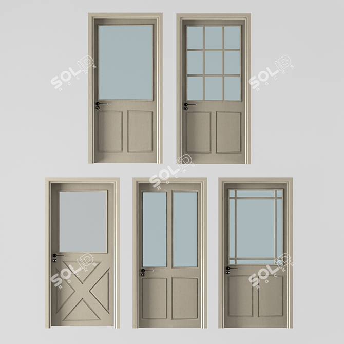 Beige Wood Pane Glass Doors 3D model image 1