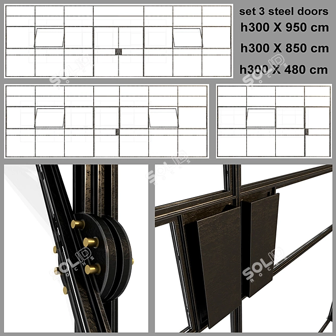 Black Steel Triple Door Set 3D model image 1