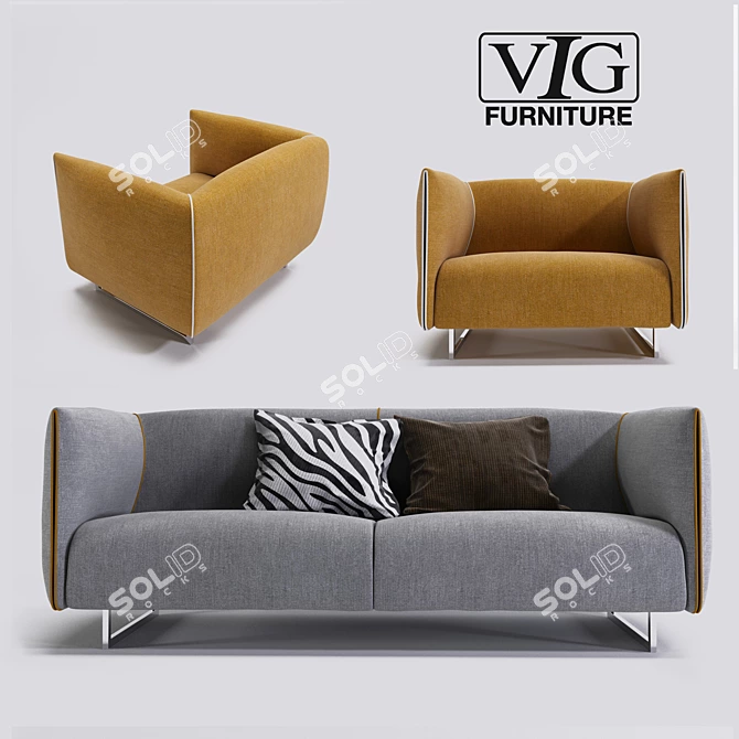 Modern Grey & Yellow Fabric Sofa Set 3D model image 1