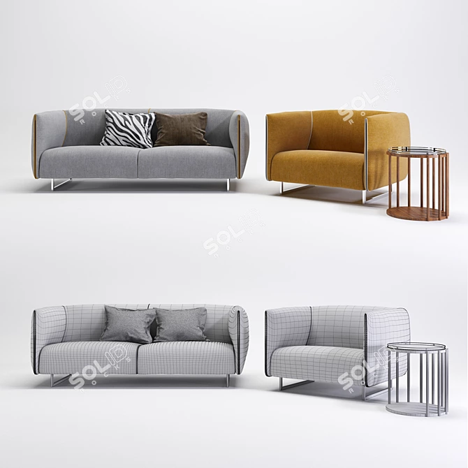 Modern Grey & Yellow Fabric Sofa Set 3D model image 3