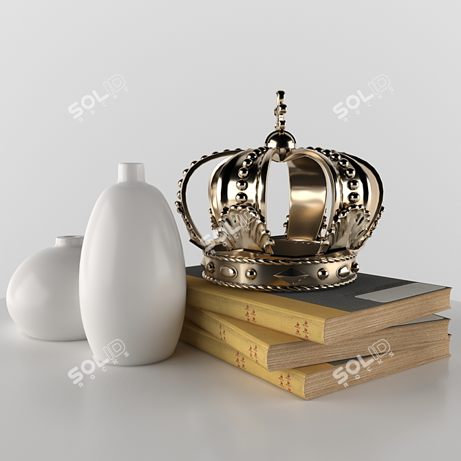 Royal Decor Set: Books, Table, and Crown 3D model image 1