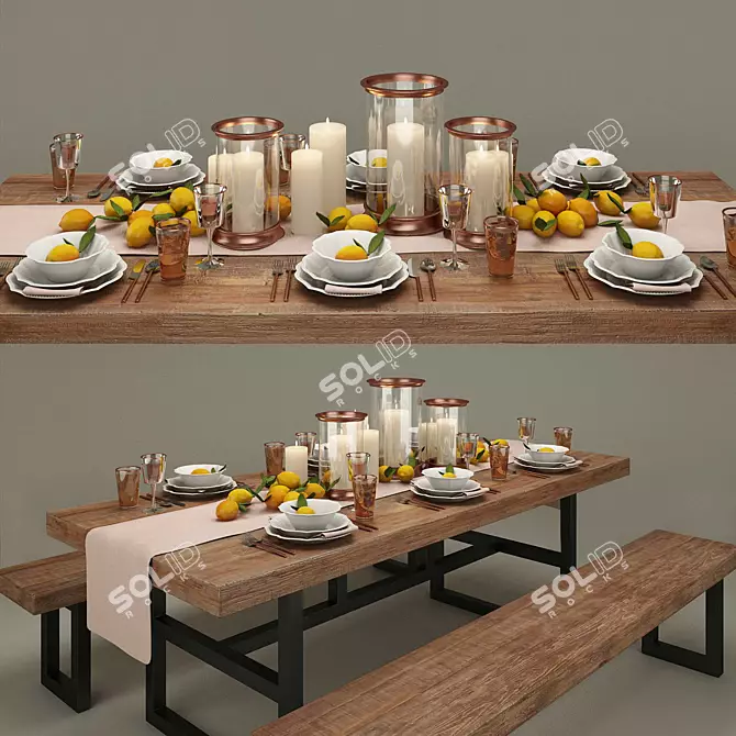Pottery Barn Dining Set: Griffin Table, Bench & Leila Dinnerware 3D model image 2