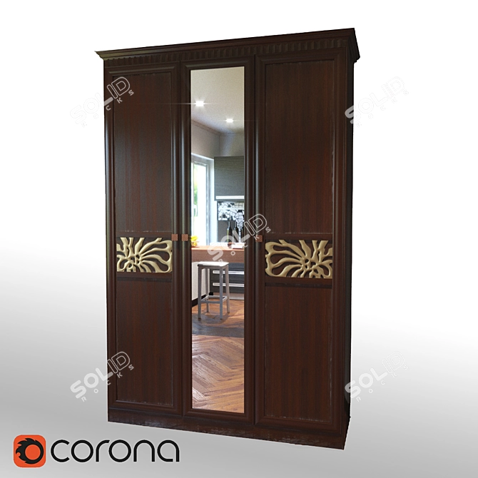 Inna Three-Door Wooden Wardrobe 3D model image 1