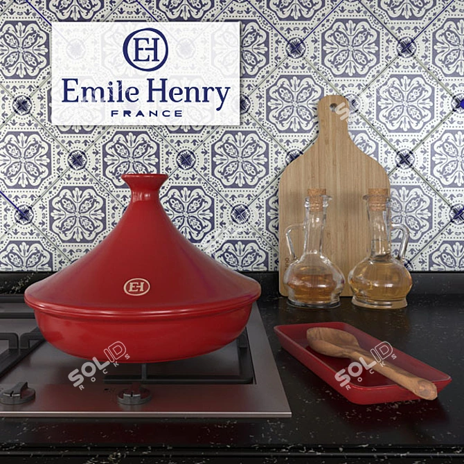 Exotic Kitchen Set: Moroccan Ceramic Tazhin with Oil and Vinegar Bottles, Spoon Stand 3D model image 1