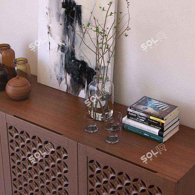 Moroccan Inspired Carved Wood Media Console 3D model image 2