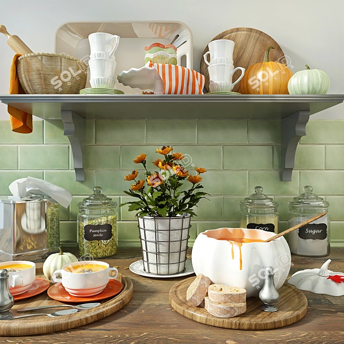 Kitchen Delights: Floral Pot, Pumpkin Soup, Spices & More 3D model image 1