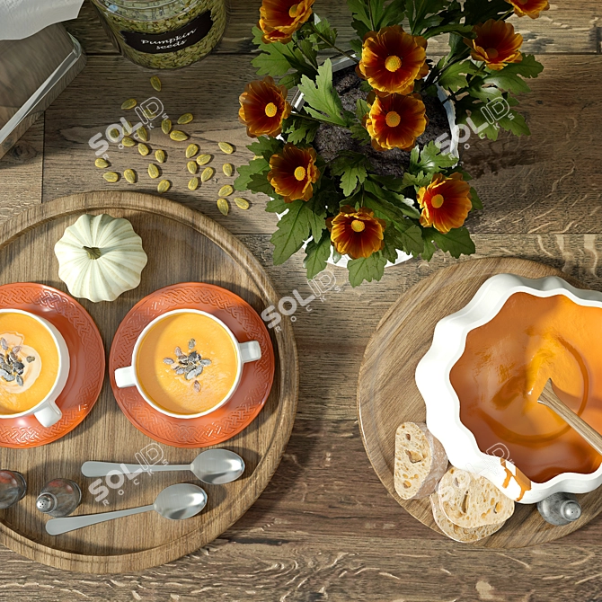 Kitchen Delights: Floral Pot, Pumpkin Soup, Spices & More 3D model image 2