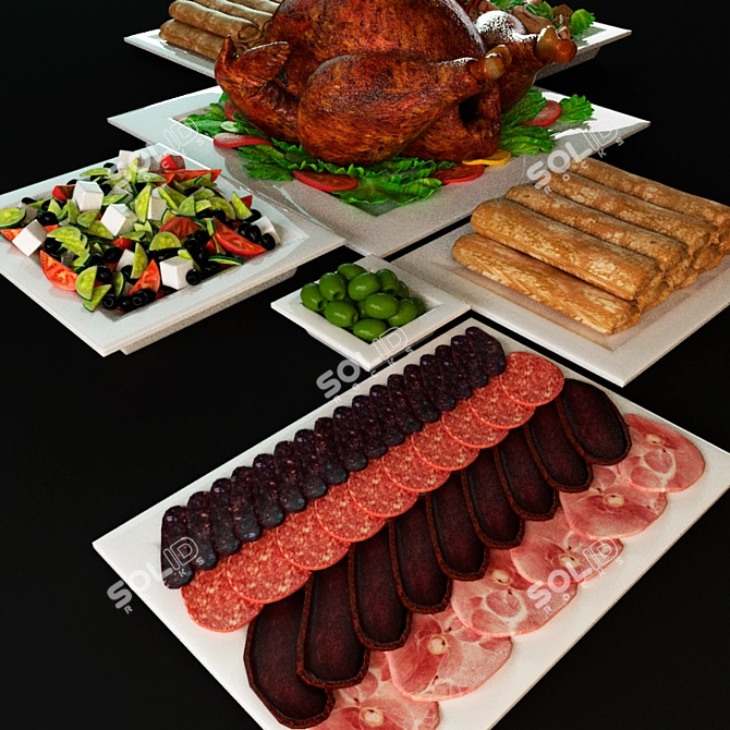 Gourmet Meal Kit: Greek Salad, Caesar Salad, Turkey, Olives & More 3D model image 2