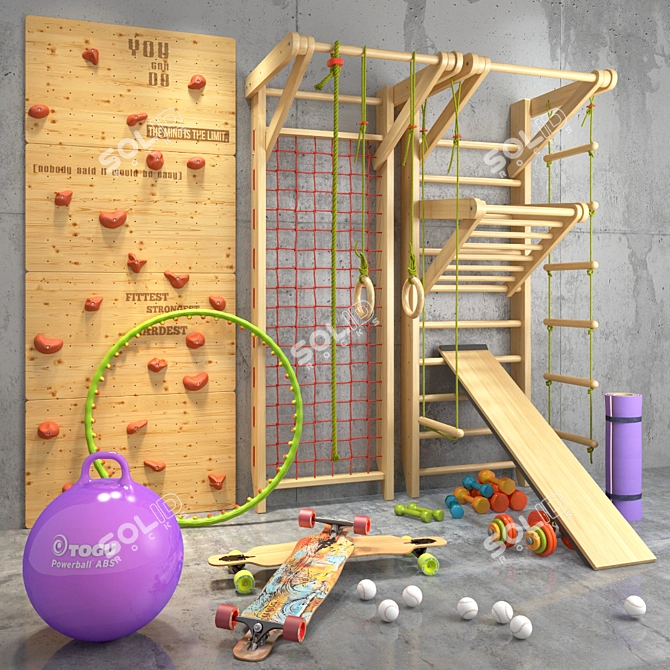 All-in-One Sports Kit: Gymnastic Wall, Rings, Turnbar, Fitness Ball, Skateboard, Climbing Wall 3D model image 1