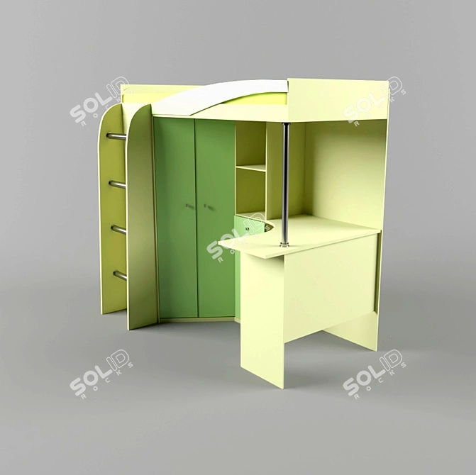 Modern Loft Bed with Desk and Wardrobe 3D model image 2