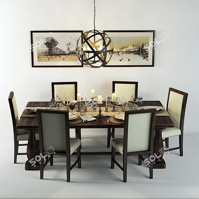 Rustic Wood Dining Set 3D model image 1