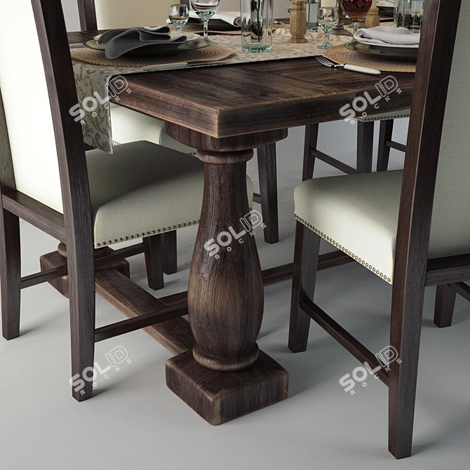 Rustic Wood Dining Set 3D model image 2