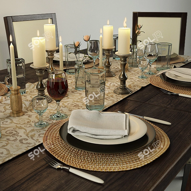 Rustic Wood Dining Set 3D model image 3