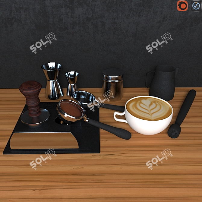 Complete Barista Set: Pitcher, Tamper, Jug, Temper, Stand, Cappuccino Cup 3D model image 1