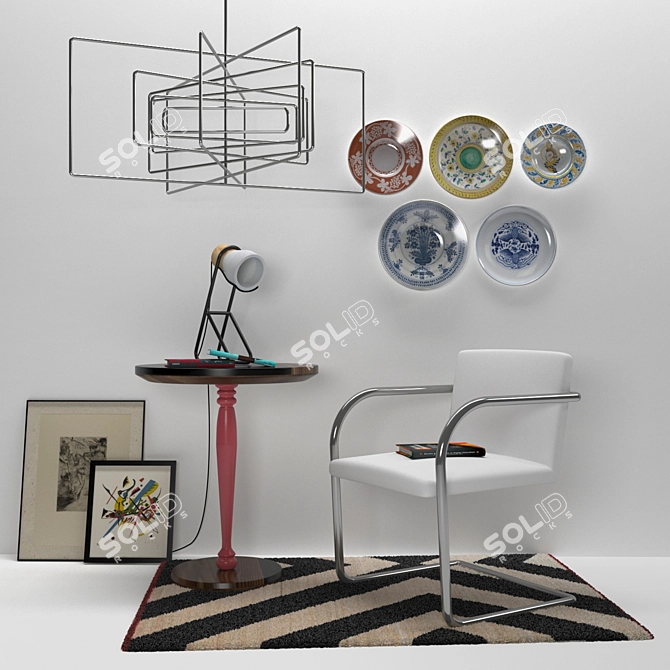 Elegant Chair Set with Table & Lamp 3D model image 1
