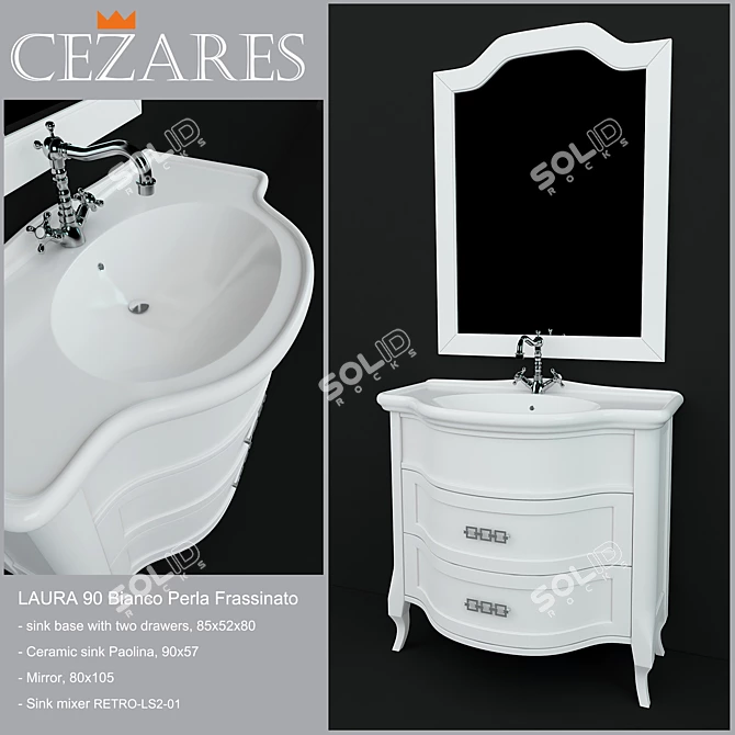 Cezares LAURA 90 Bianco Perla Frassinato: Under Sink Base with Ceramic Sink, Mirror, and Sink Mixer 3D model image 1
