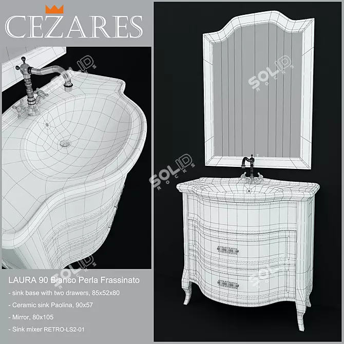 Cezares LAURA 90 Bianco Perla Frassinato: Under Sink Base with Ceramic Sink, Mirror, and Sink Mixer 3D model image 2
